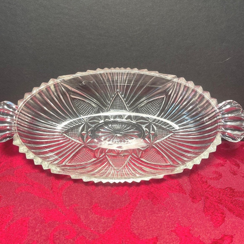 Vintage Anchor Hocking Glass Relish Dish Crosshatch Triangles Sawtooth Edge Oval